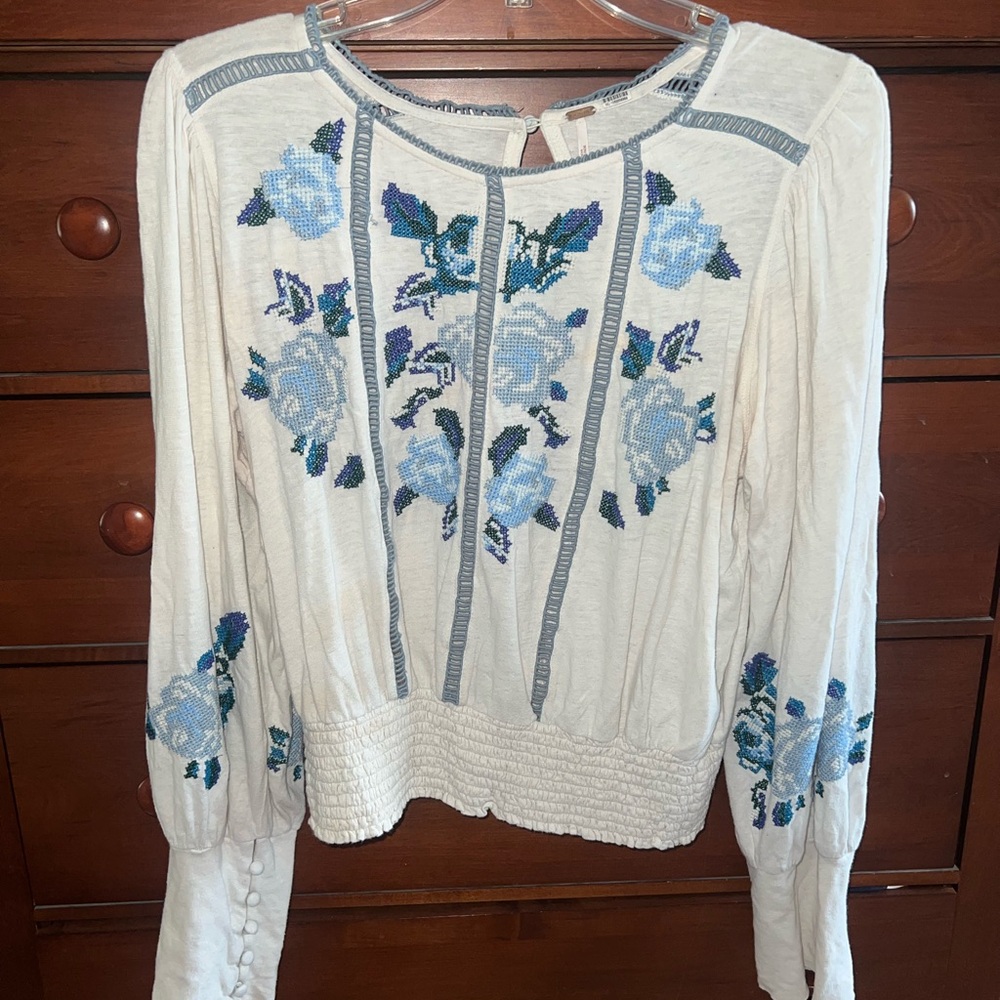 Embroidered Floral White and Blue Women's Top